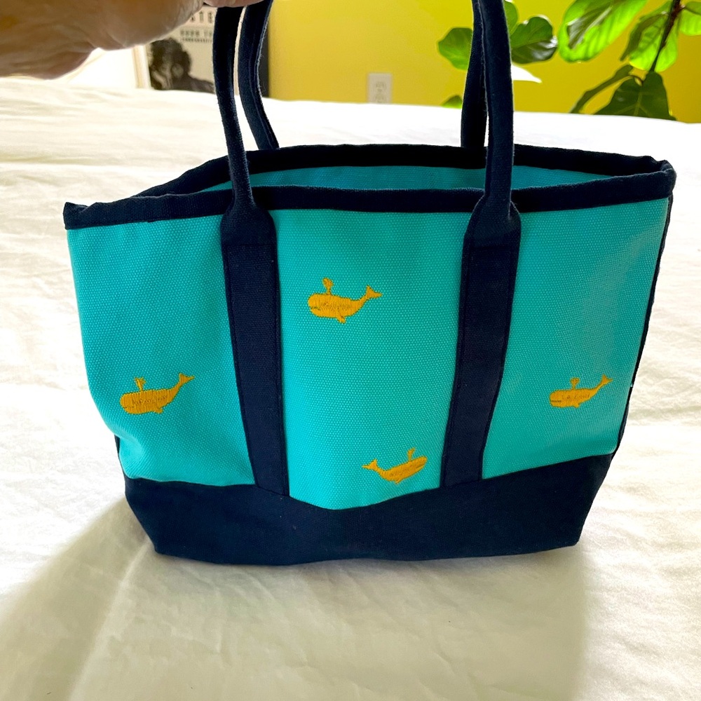 Teal Blue, Navy Blue and Yellow Whale Tote Bag